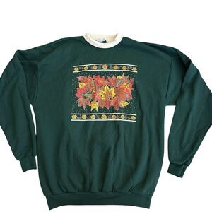 Vtg 1995 Endless Designs Inc. XL‎ Fall Leaves Sweater USA Made Green
